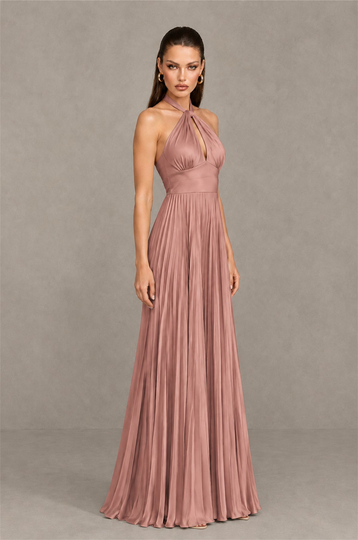 BOLODOO Dusty Rose Halter Pleated A-Line Evening Dress - Dusty Rose