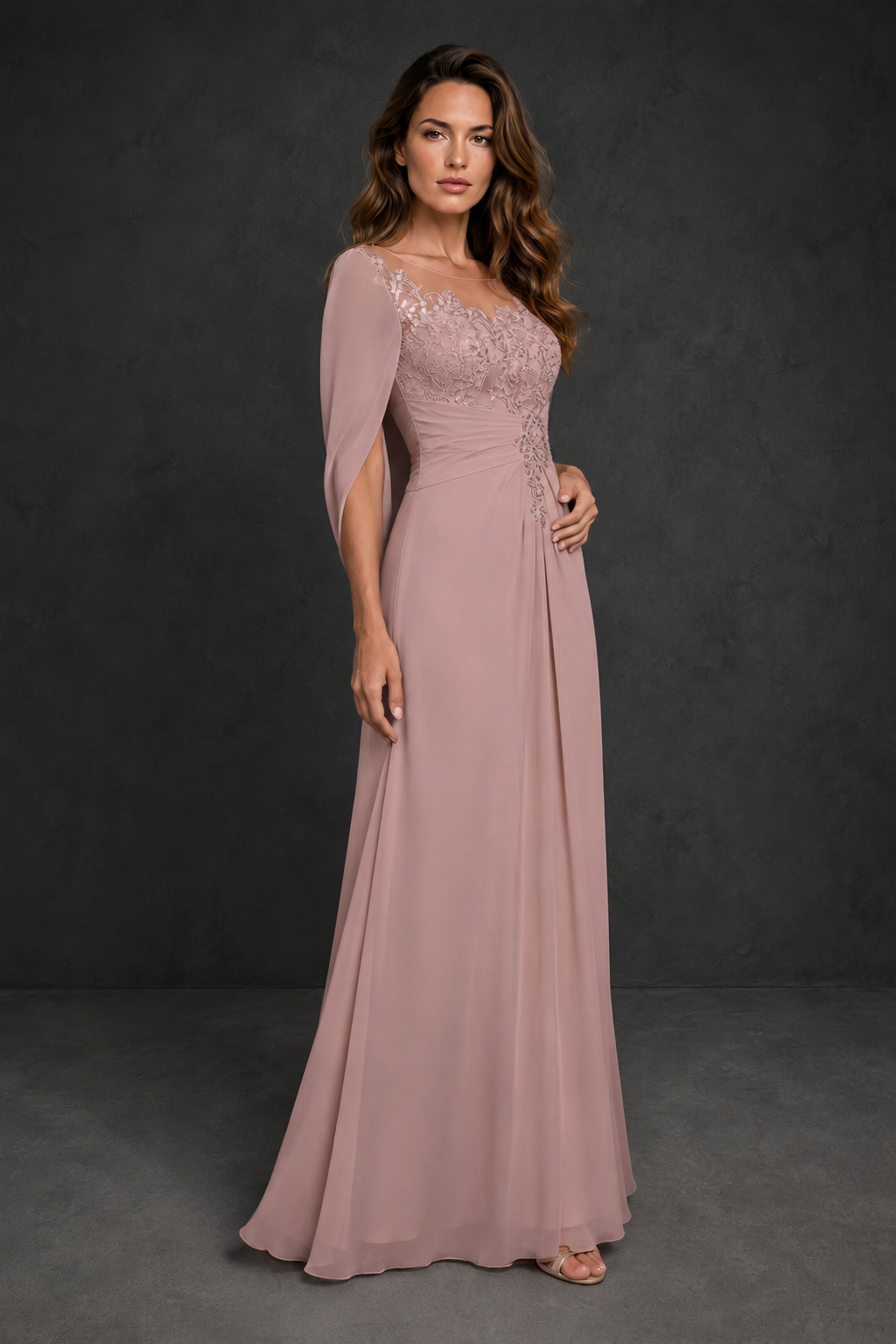 BOLODOO Dusty Rose Illusion Lace One-Side Cape Sleeve Beaded Chiffon Floor Length Gown | Mother of the Bride Evening Dress - Dusty Rose