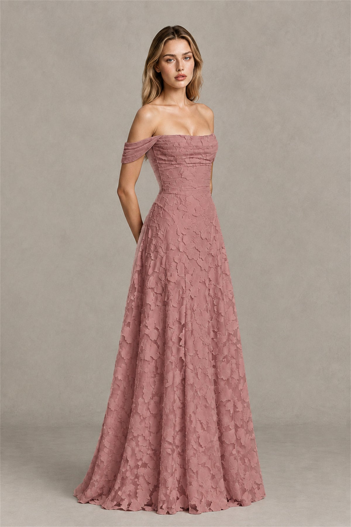 BOLODOO Dusty Rose Off-Shoulder Pleated A-Line Maxi Dress Floral - Dusty Rose