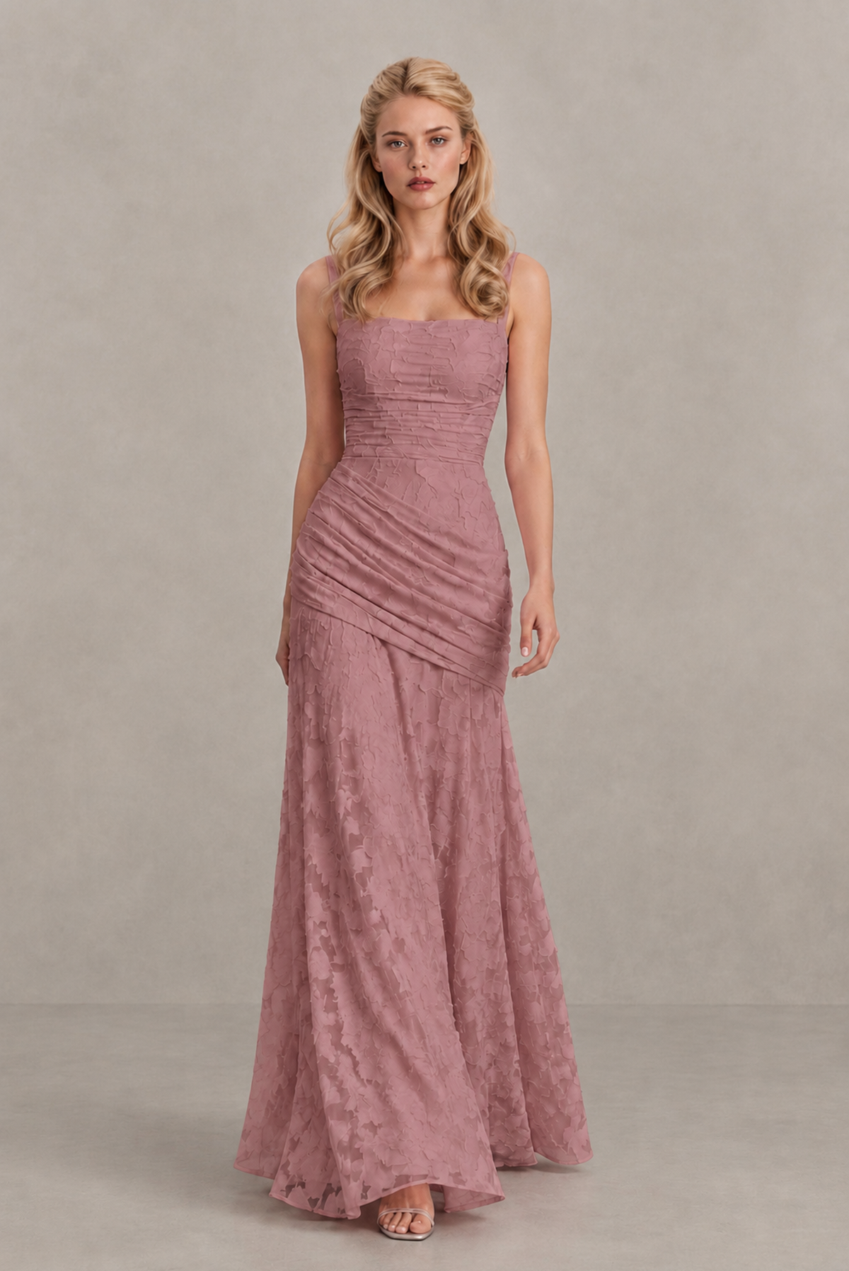 BOLODOO Dusty Rose Ruched Floral Maxi Dress with Lace-Up Back - Dusty Rose