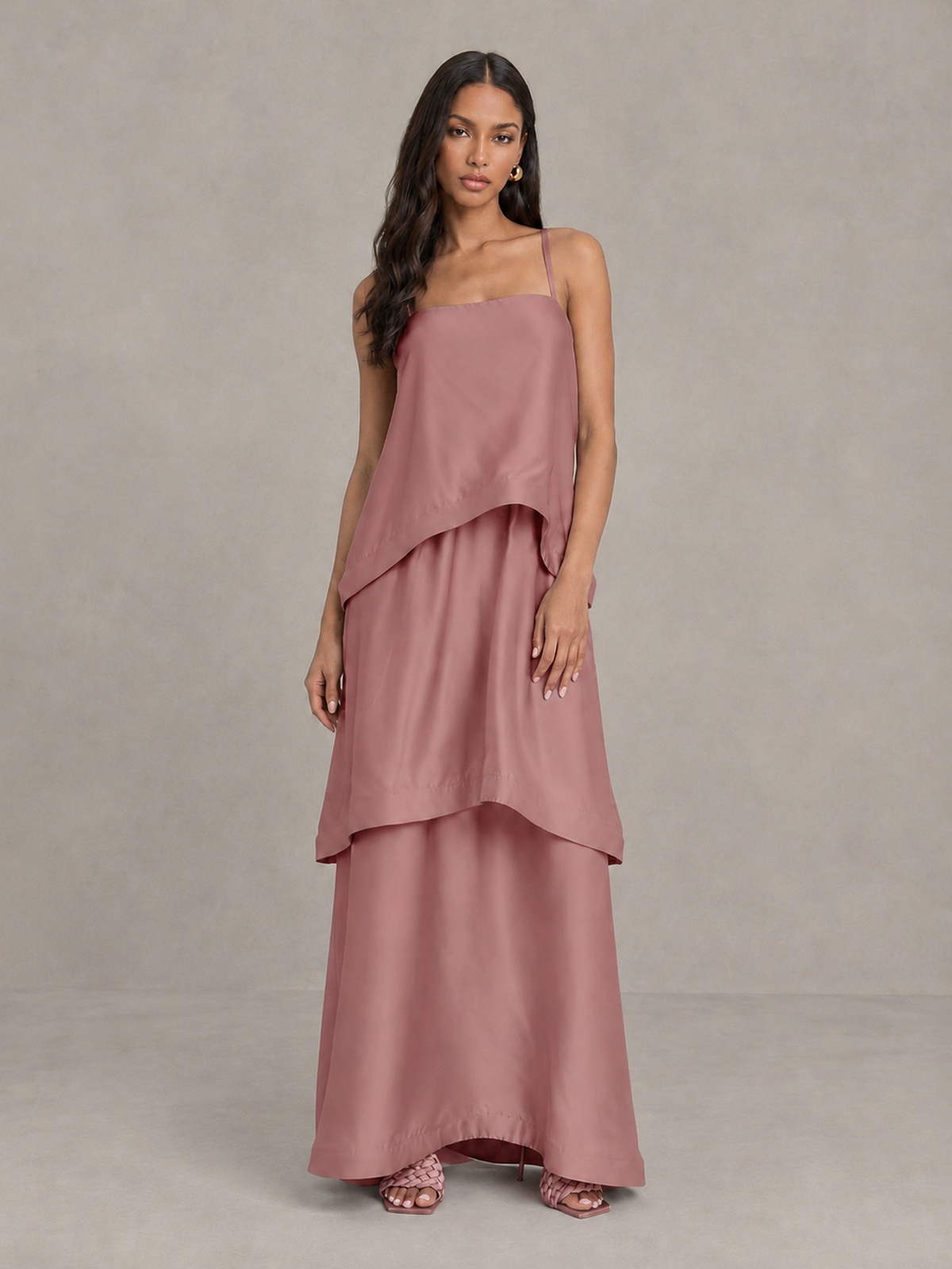 BOLODOO Dusty Rose Satin Tiered Maxi Dress with Spaghetti Straps - Dusty Rose