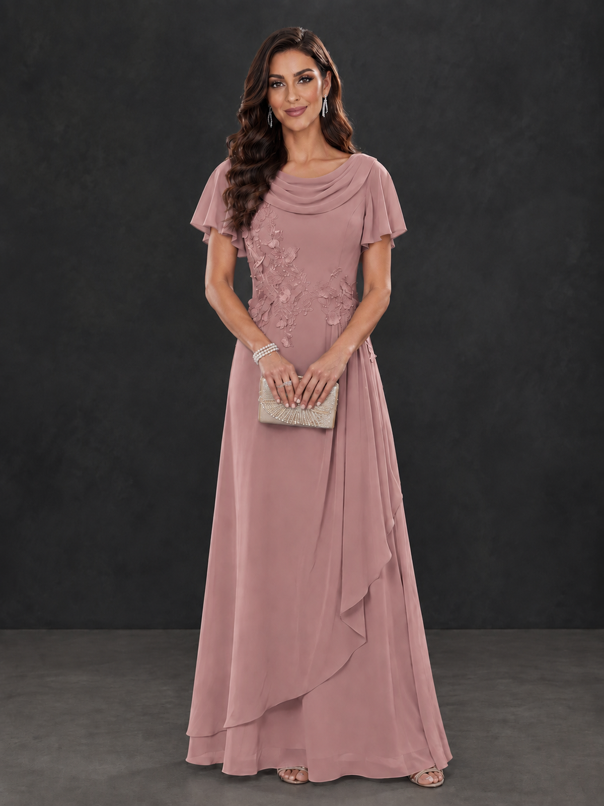 BOLODOO Dusty Rose Floral Flutter Sleeve Mother of the Bride Dress - Dusty Rose