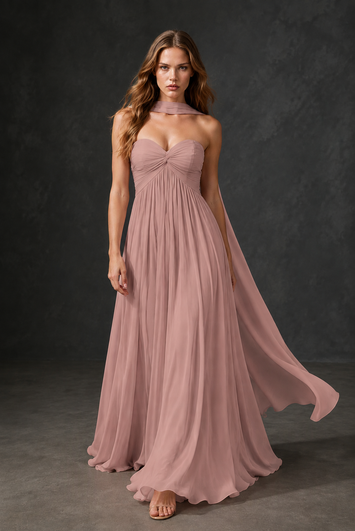 BOLODOO Dusty Rose Sweetheart Strapless Twist Knot Detached Halter Scarf Lace-Up Back Empire Waist Chiffon Maxi Dress - Dusty Rose