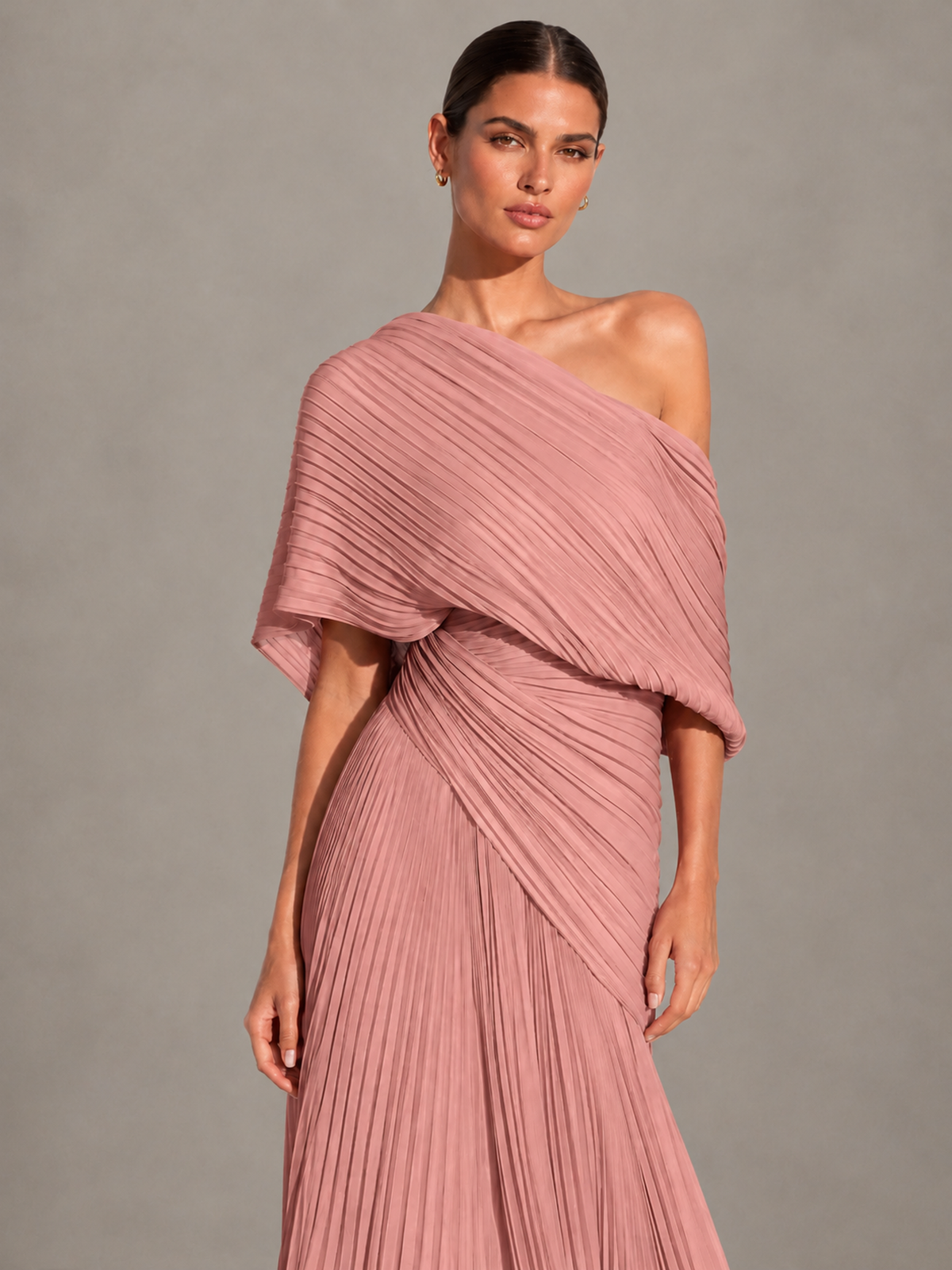 BOLODOO Dusty Rose One-Shoulder Pleated Cape Evening Gown with Train - Dusty Rose - Dusty Rose (3)