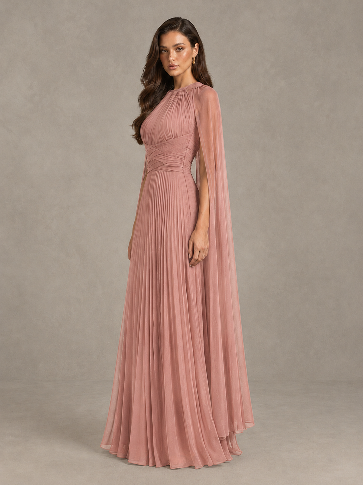 BOLODOO Dusty Rose Pleated Cape Maxi Wedding Guest Dress - Dusty Rose - Dusty Rose (3)