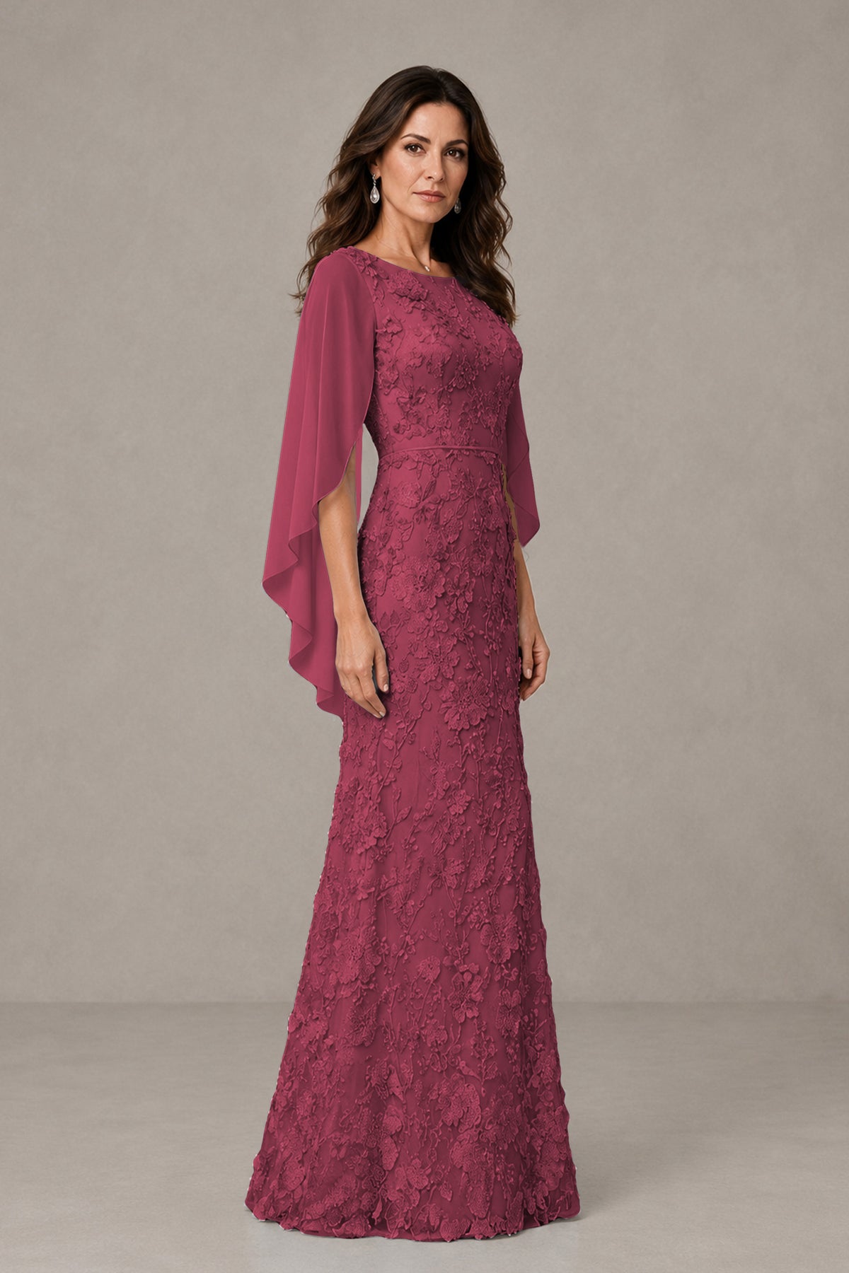 BOLODOO Dusty Rose Lace Mother of the Bride Dress with Cape Sleeves - Dusty Rose