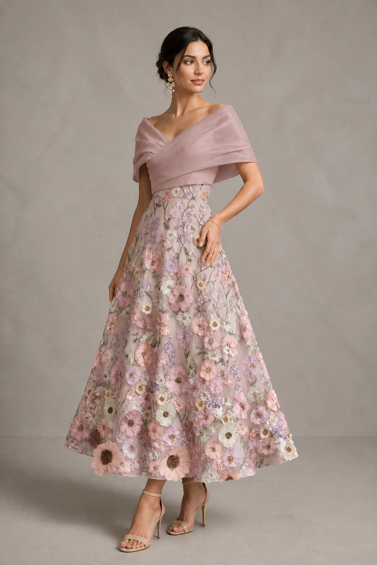 Dusty Rose Off-Shoulder Satin & 3D Floral Embroidered Tulle Tea Length A-Line Dress - Dusty Rose