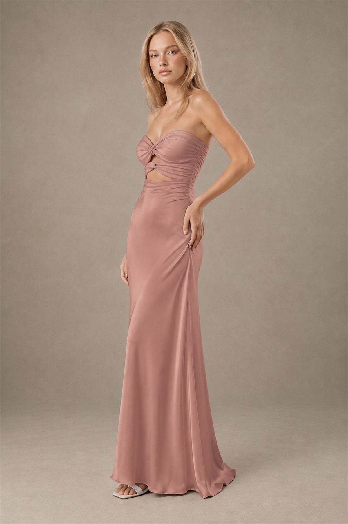 BOLODOO Dusty Rose Sweetheart Strapless Twist Knot Cutout Lace-Up Back Satin Mermaid Maxi Dress - Dusty Rose - Dusty Rose (3)