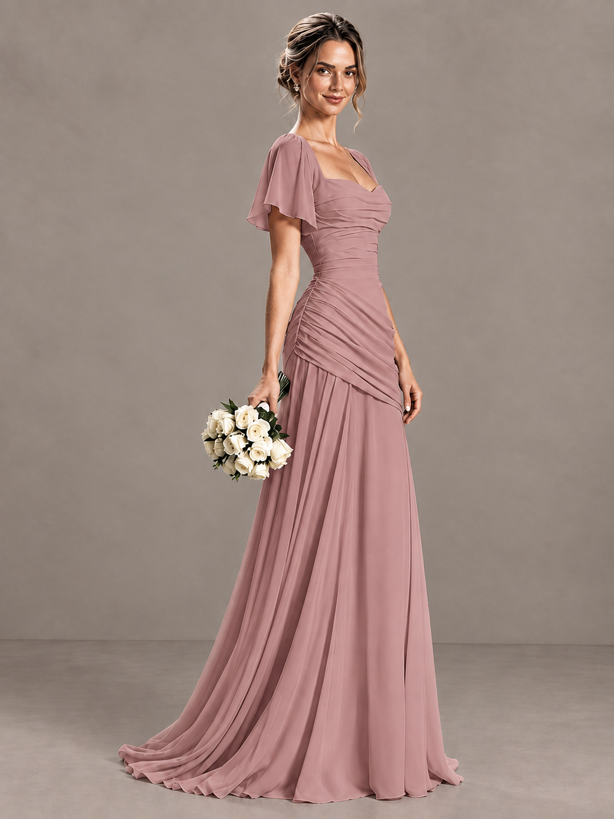 BOLODOO Dusty Rose Flutter Sleeve Lace-Up Back Maxi Dress - Dusty Rose