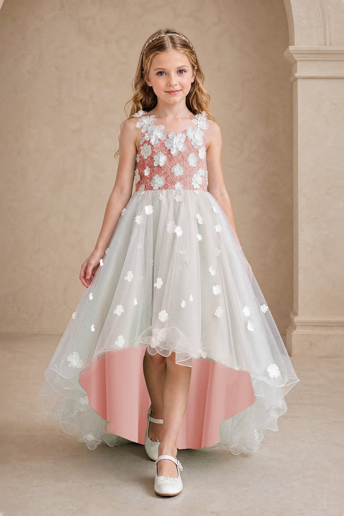BOLODOO Dusty Rose Flower Girl Dress with Floral Appliqué and High-Low Tulle Skirt - Dusty Rose