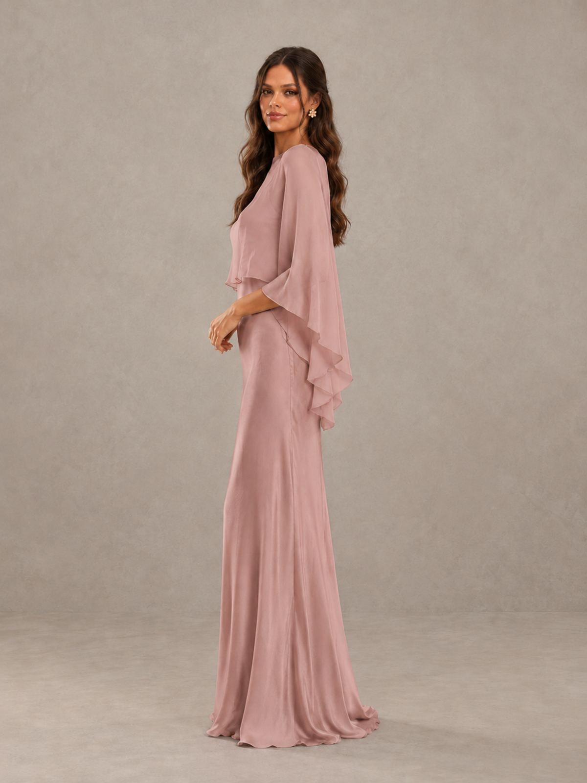 BOLODOO Dusty Rose Satin Mermaid Bridesmaid Dress with Chiffon Cape - Dusty Rose - Dusty Rose (3)