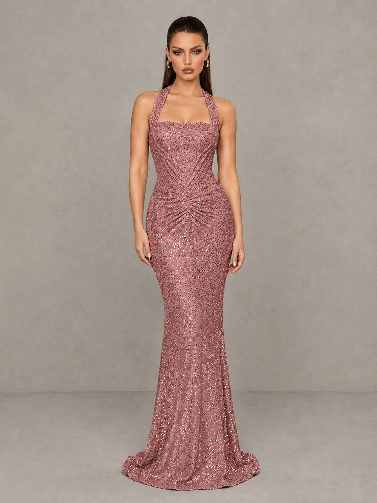 BOLODOO Dusty Rose Sequin Halter Mermaid Evening Gown - Dusty Rose - Dusty Rose (3)