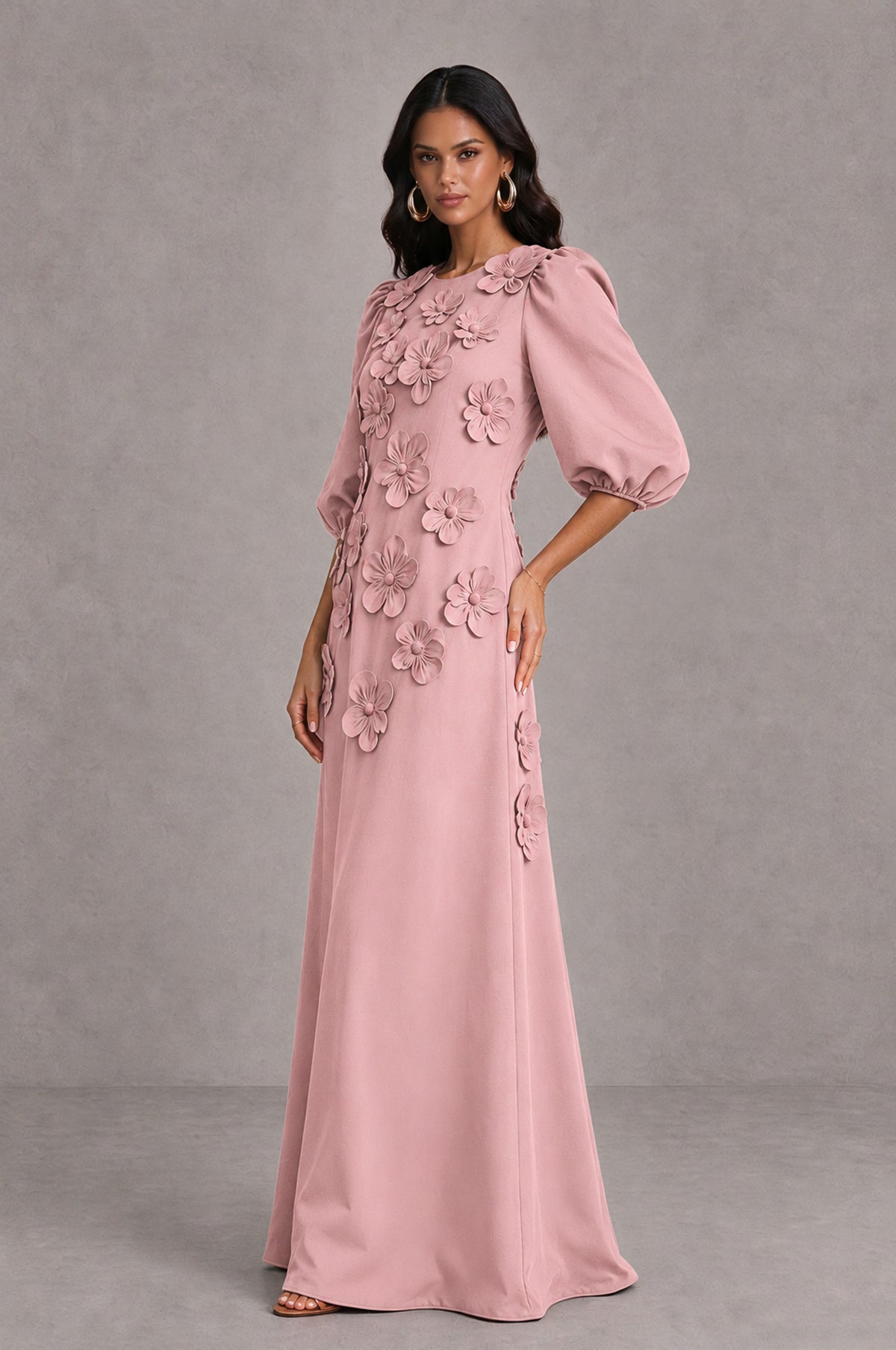 BOLODOO Dusty Rose Floral Applique Puff Sleeve A-Line Evening Dress - Dusty Rose - Dusty Rose (4)
