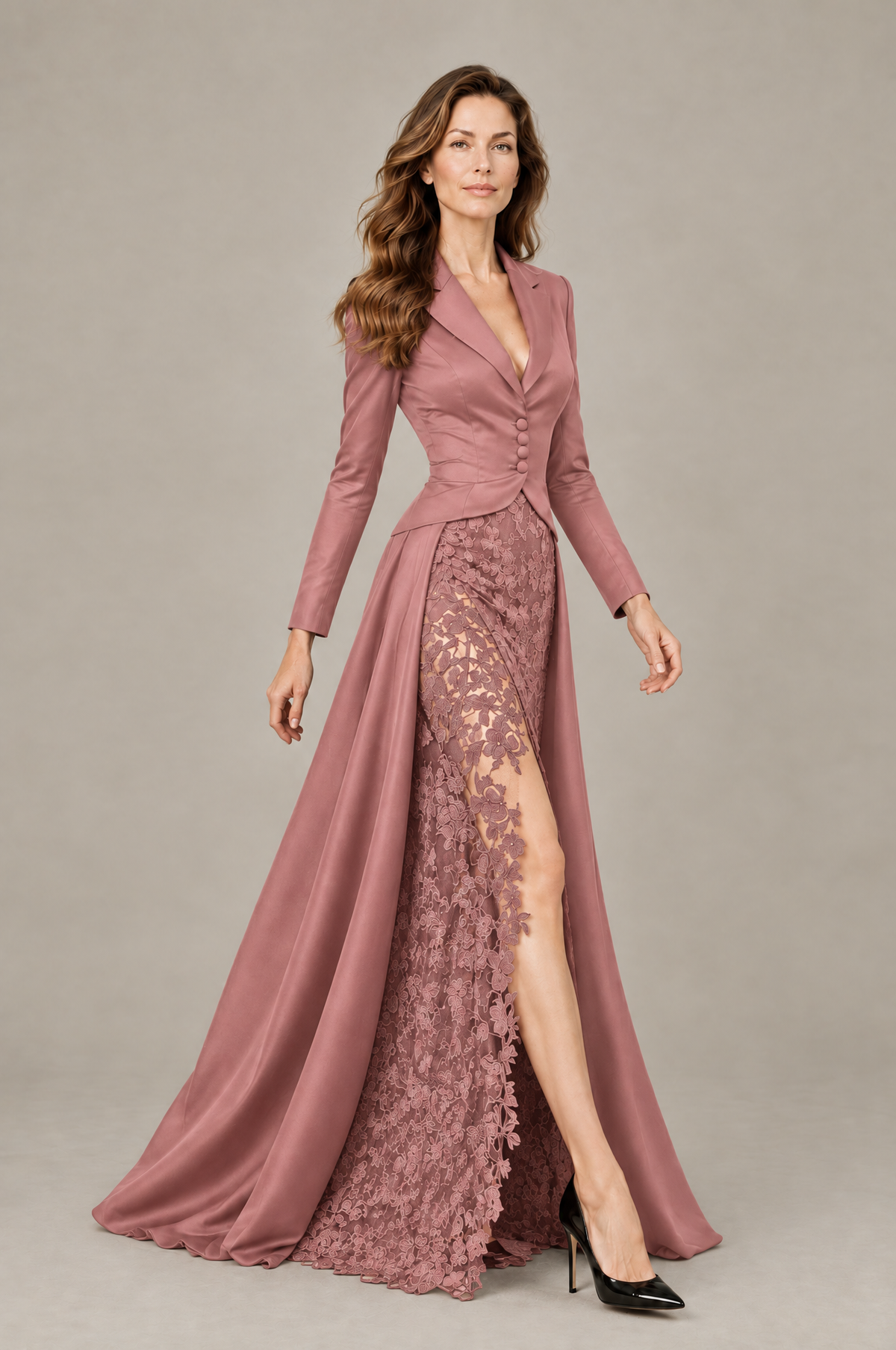 BOLODOO Dusty Rose Long Sleeve Lace Blazer Gown with High Slit - Dusty Rose - Dusty Rose (4)