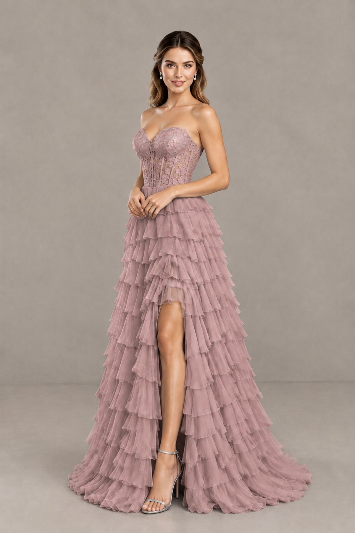 BOLODOO Dusty Rose Strapless Lace Corset Tiered Ruffle Prom Dress with Slit - Dusty Rose - Dusty Rose (4)