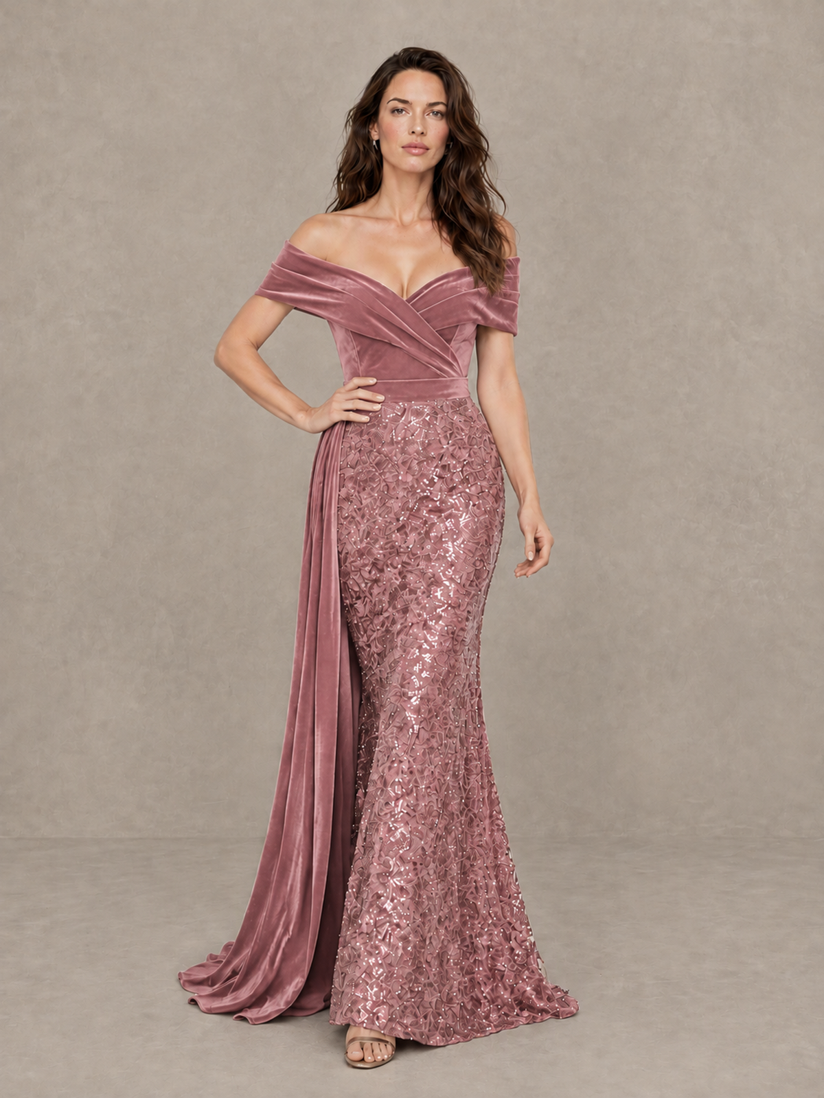 BOLODOO Dusty Rose Off-Shoulder Velvet & Sequin Evening Gown with Side Train - Dusty Rose - Dusty Rose (4)