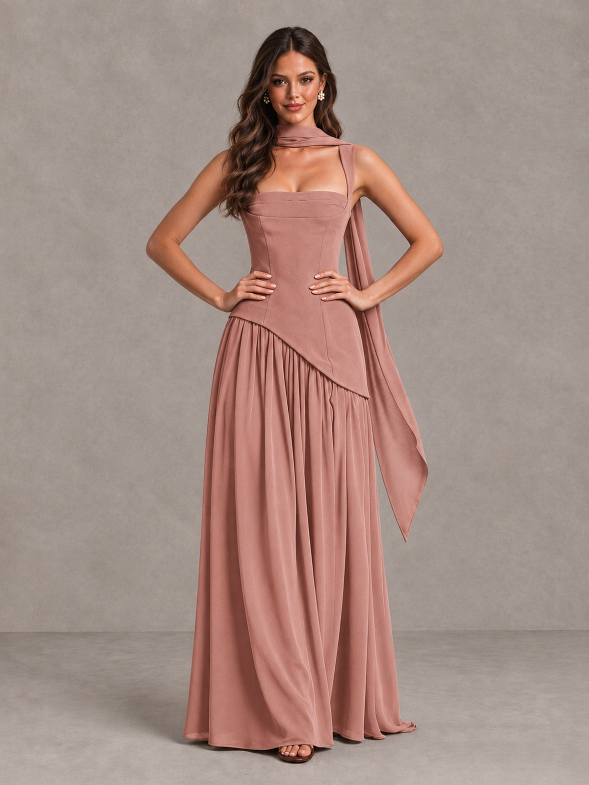 BOLODOO Dusty Rose Brown Scarf Bridesmaid Dress with Lace-Up Back - Dusty Rose - Dusty Rose (4)