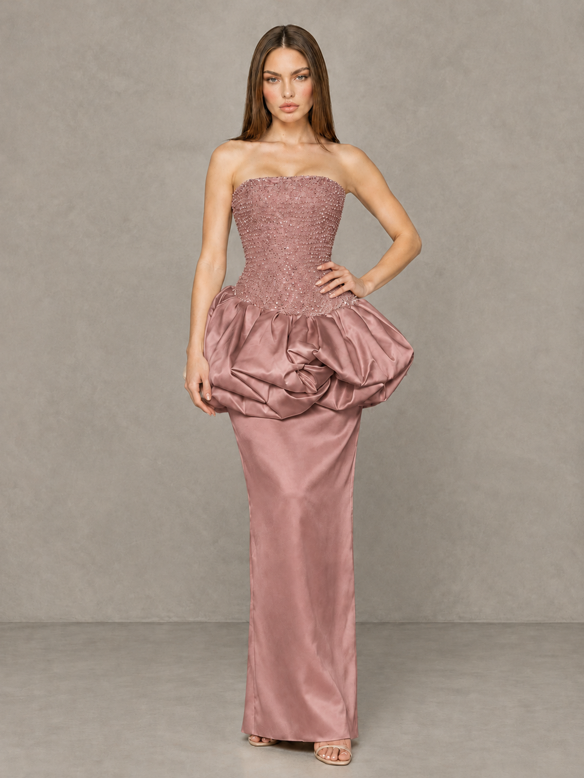 BOLODOO Dusty Rose Strapless Embellished Bubble Peplum Evening Dress - Dusty Rose - Dusty Rose (4)