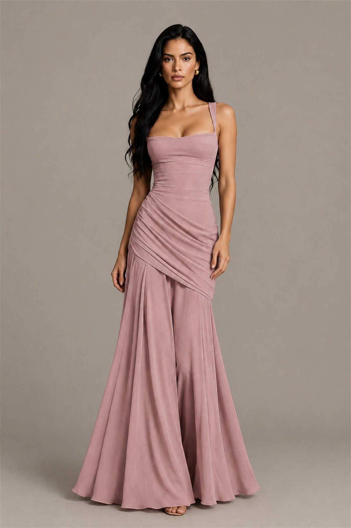 BOLODOO Square Neck Ruched A-Line Maxi Dress - Dusty Rose Backless Evening Gown - Dusty Rose