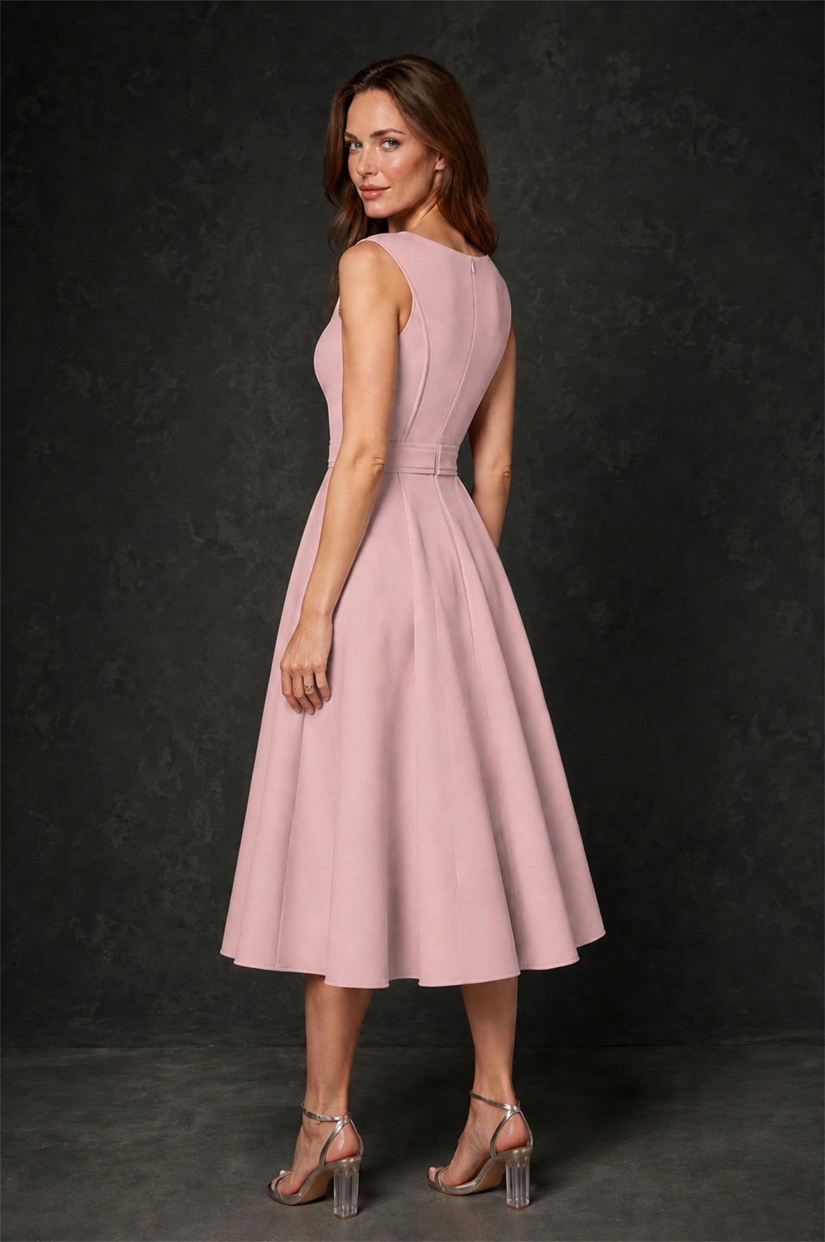 BOLODOO Dusty Rose 3D Rosette Appliqué 3/4 Sleeve Jacket & V-Notch Sleeveless A-Line Tea-Length Two-Piece Dress Set - Dusty Rose