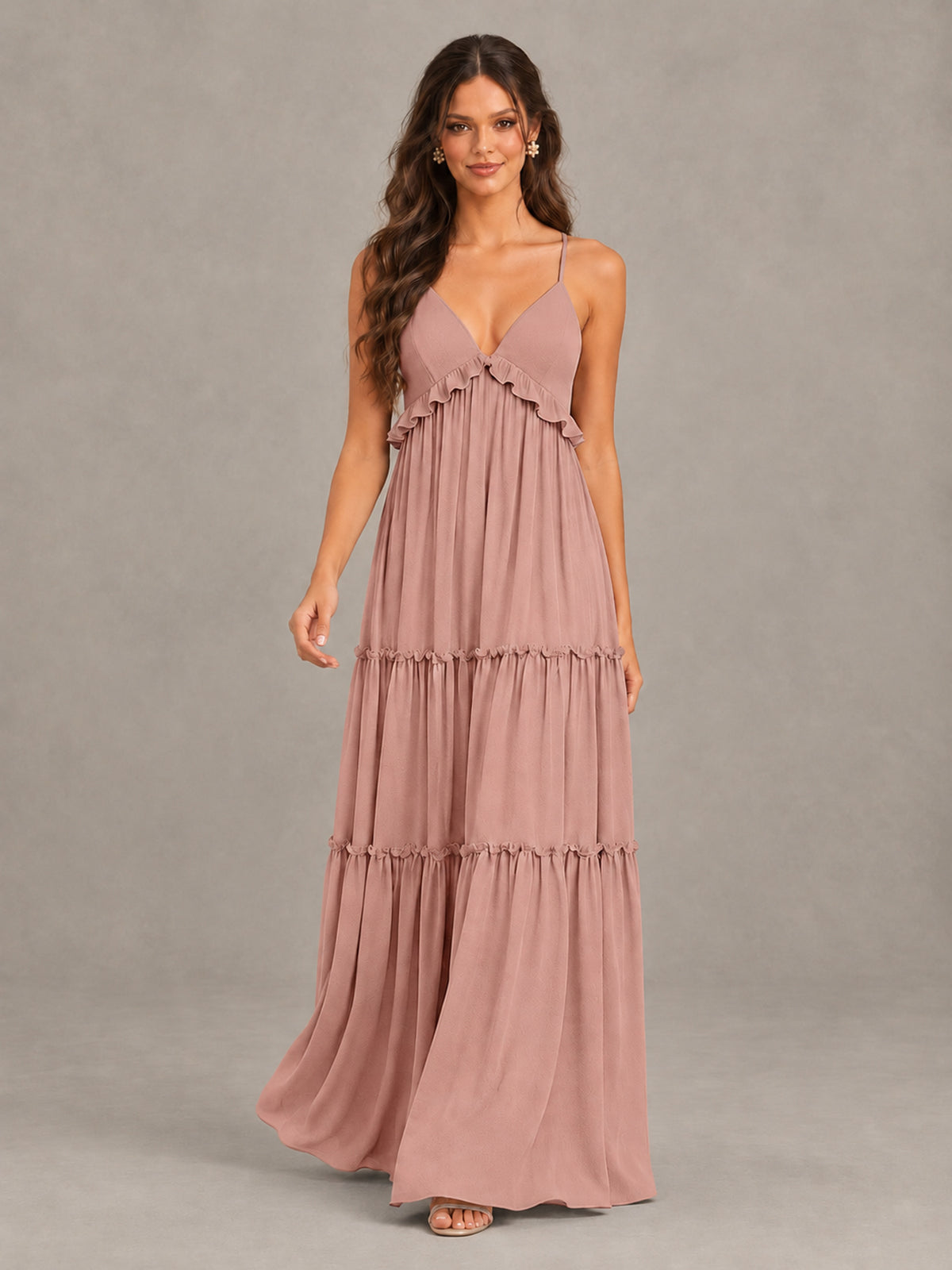 BOLODOO Dusty Rose Tiered V-Neck Lace-Up Back Bridesmaid Dress - Dusty Rose - Dusty Rose (4)