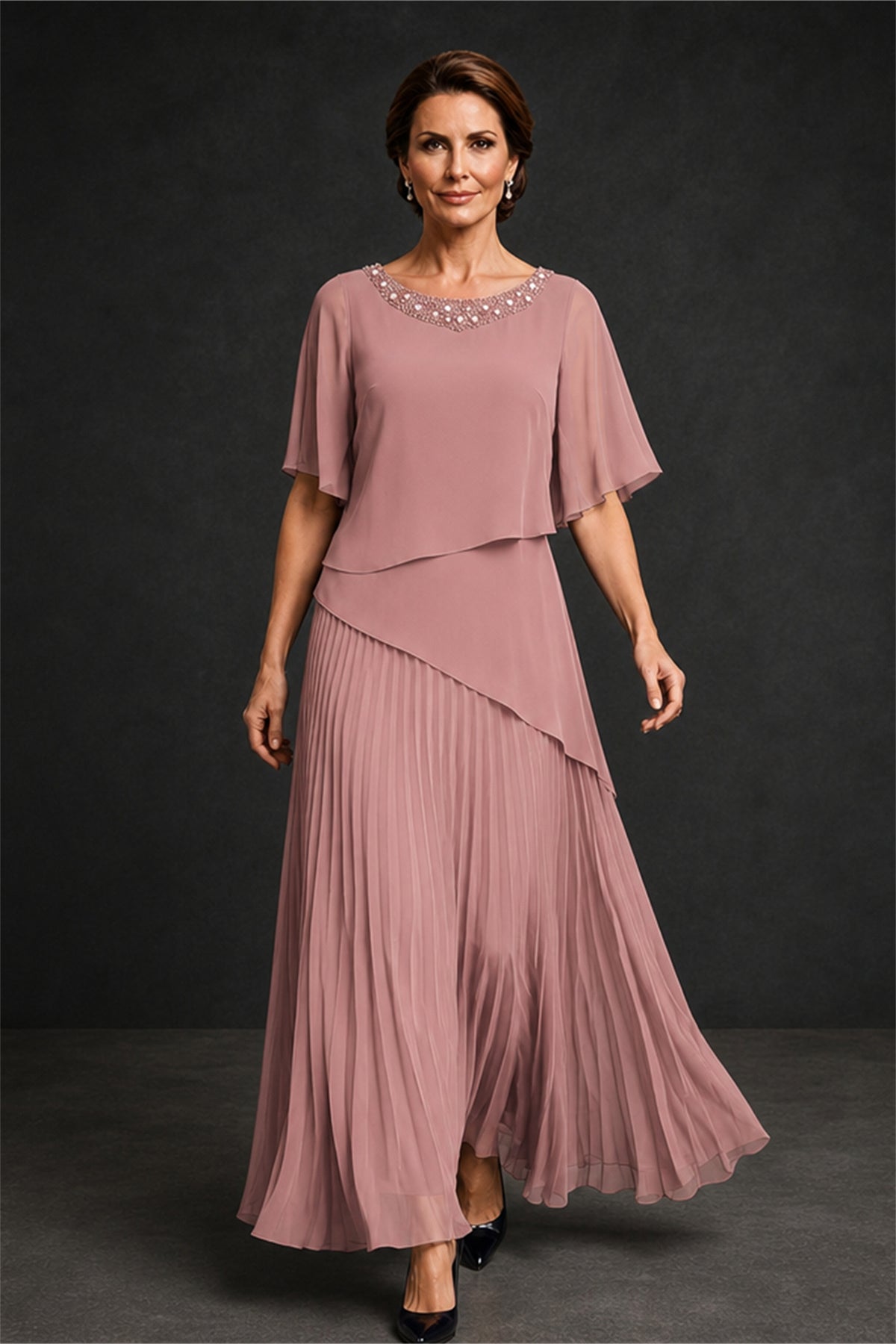 BOLODOO Dusty Rose Pearl Beaded Neck Asymmetric Tiered Flutter Sleeve Pleated Chiffon Maxi Dress - Dusty Rose