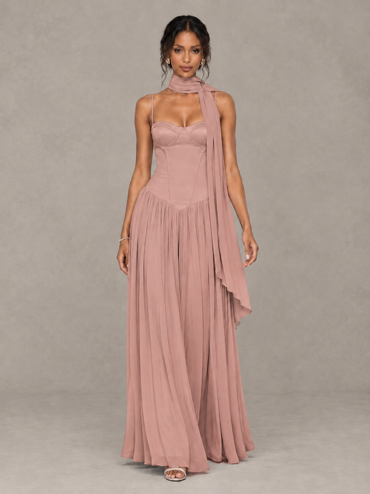 BOLODOO Dusty Rose Corset Bridesmaid Dress with Scarf - Dusty Rose - Dusty Rose (4)