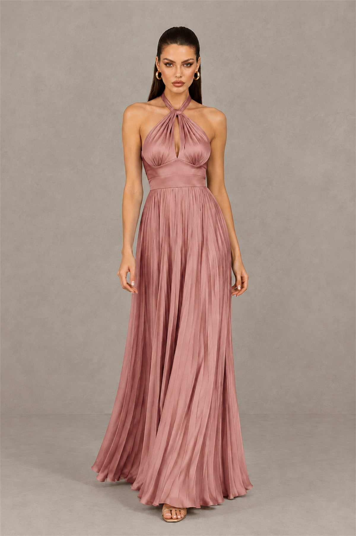 BOLODOO Dusty Rose Halter Pleated A-Line Evening Dress - Dusty Rose