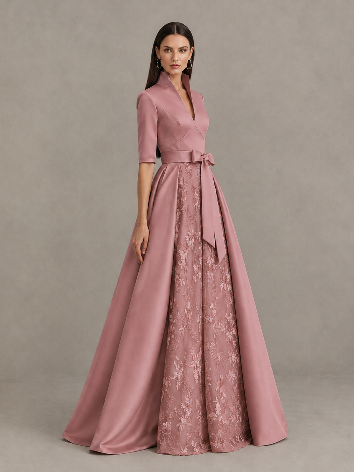 BOLODOO Dusty Rose Stand Collar Bow Waist Floral Embroidered Evening Gown - Dusty Rose - Dusty Rose (4)