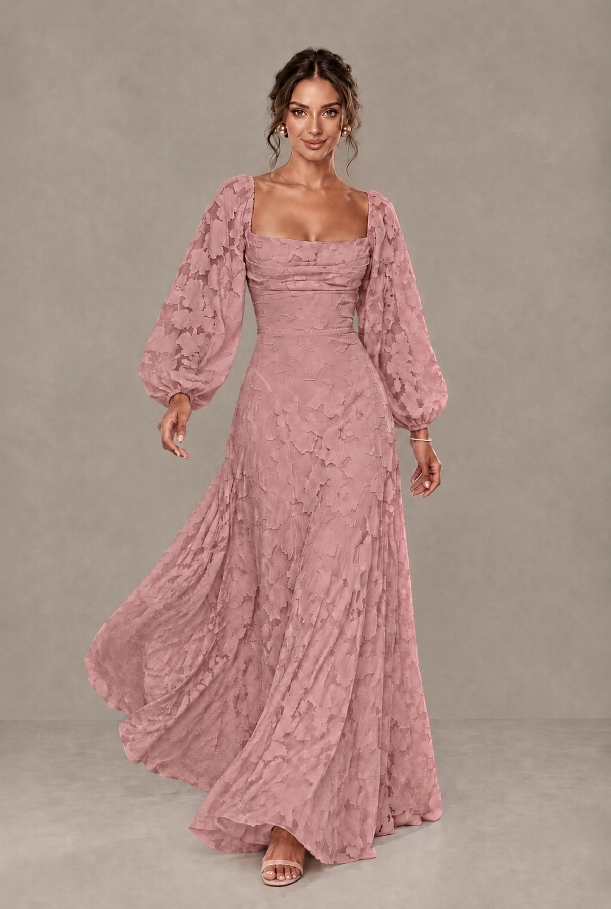 BOLODOO Floral Dusty Rose Long Sleeve A-Line Dress with Lace-Up Back - Dusty Rose