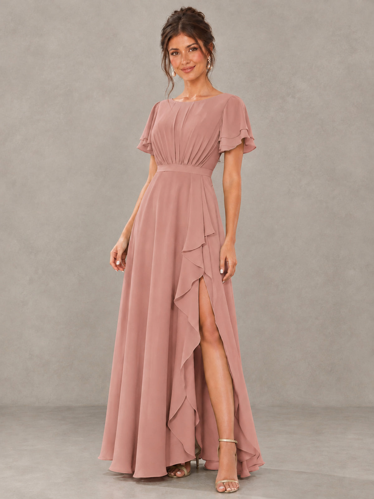 BOLODOO Dusty Rose Flutter Sleeve Ruffle Bridesmaid Dress with Slit - Dusty Rose - Dusty Rose (4)