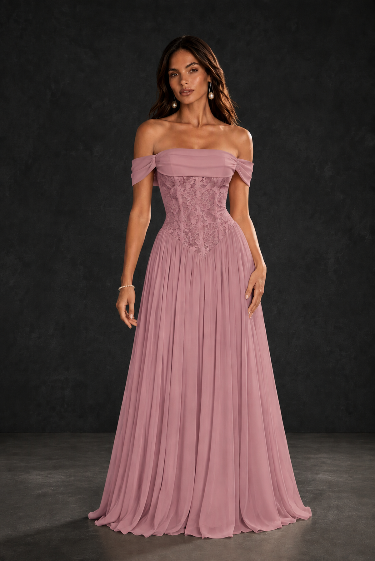BOLODOO Dusty Rose Off-Shoulder Lace Corset Tulle Maxi Dress - Dusty Rose