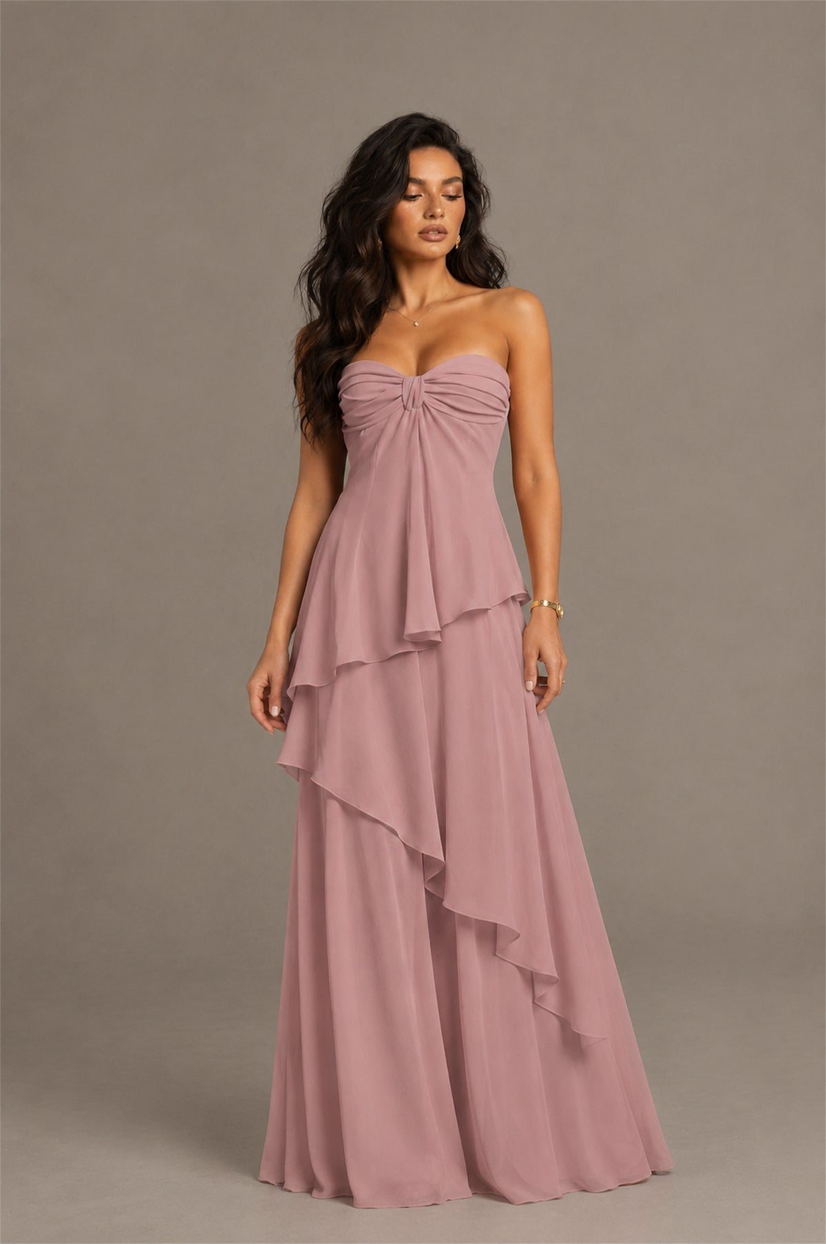 BOLODOO Dusty Rose Strapless Sweetheart Knotted Chiffon Tiered Maxi Dress with Lace-Up Back - Dusty Rose