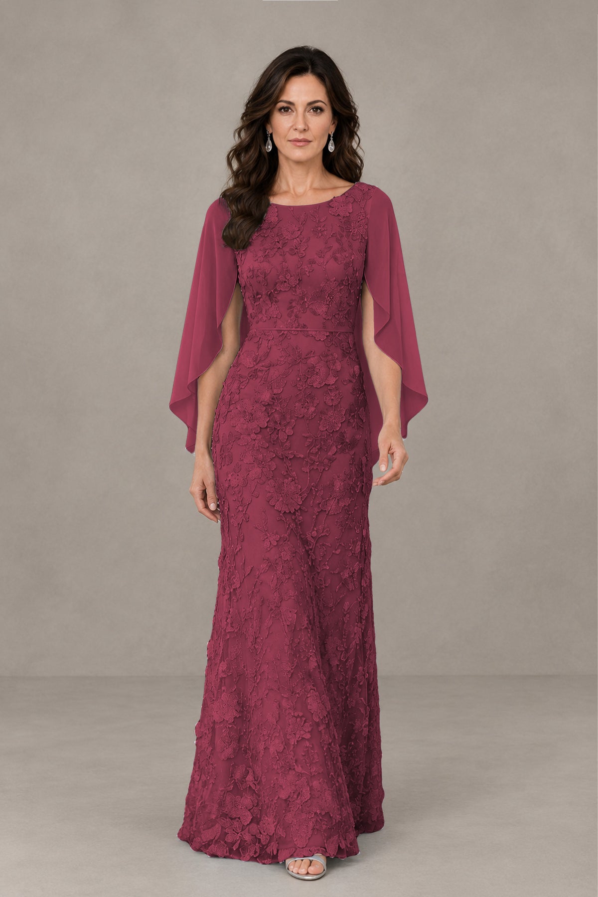 BOLODOO Dusty Rose Lace Mother of the Bride Dress with Cape Sleeves - Dusty Rose