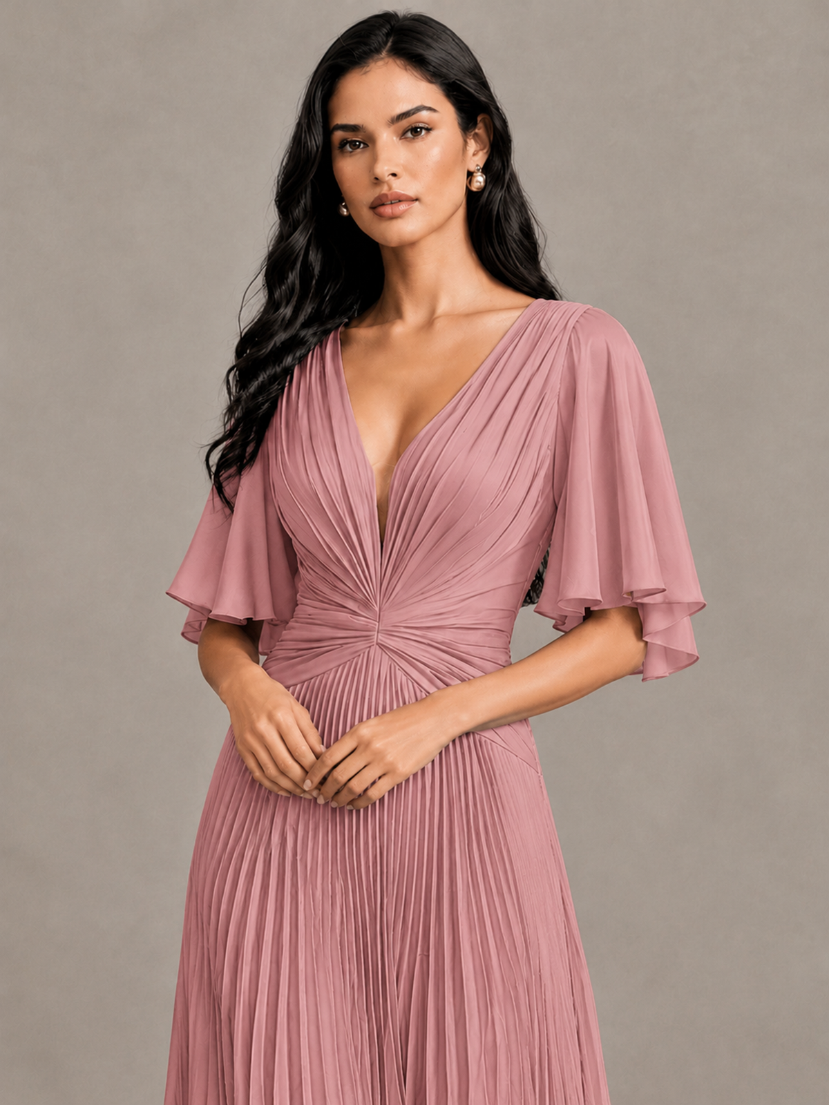 BOLODOO Dusty Rose Pleated V-Neck Flutter Sleeve Bridesmaid Dress - Dusty Rose - Dusty Rose (4)