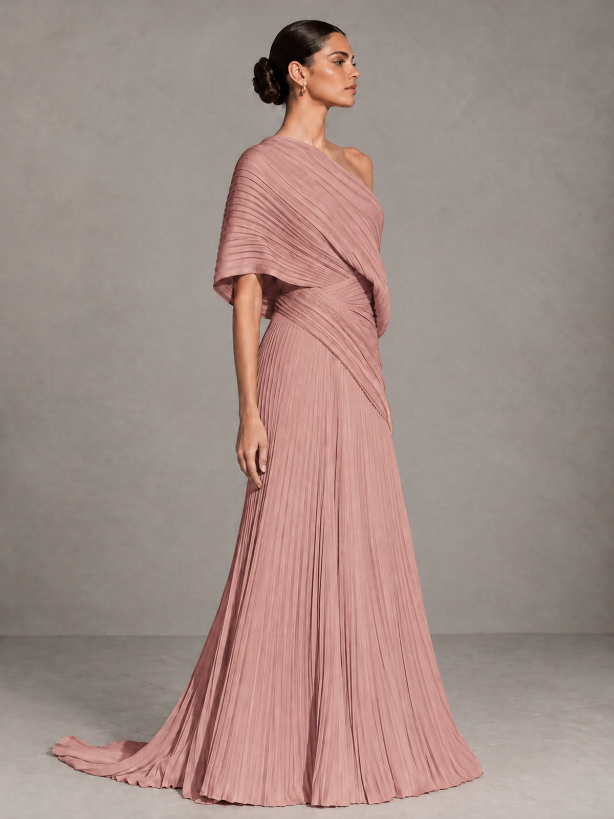 BOLODOO Dusty Rose One-Shoulder Pleated Cape Evening Gown with Train - Dusty Rose - Dusty Rose (4)