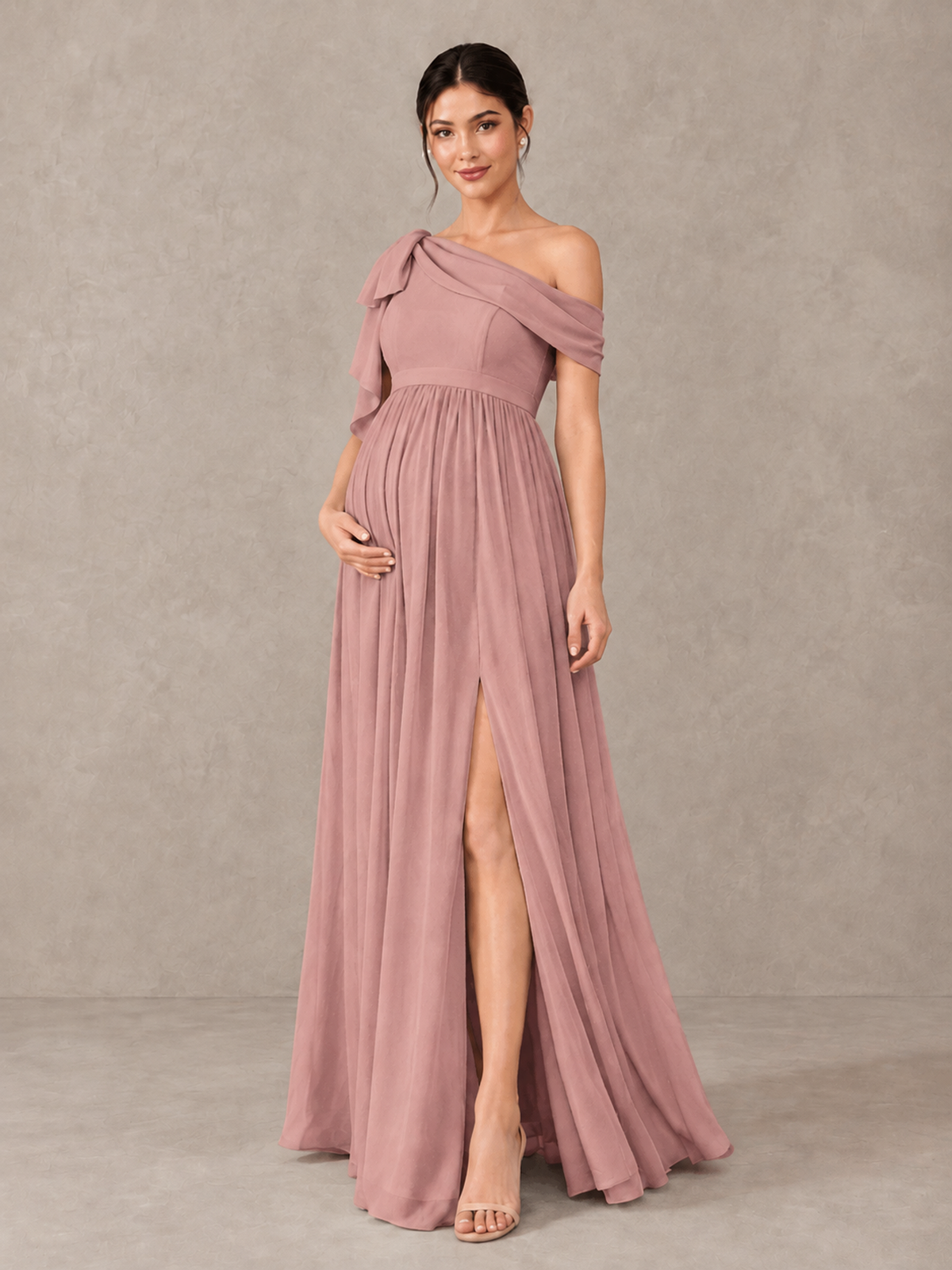 BOLODOO Dusty Rose One-Shoulder Maternity Bridesmaid Dress with Slit - Dusty Rose - Dusty Rose (4)