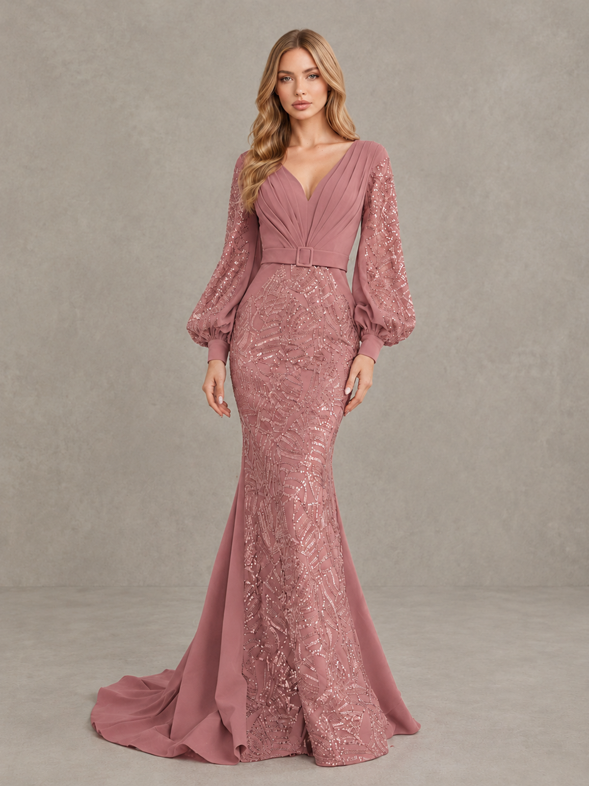 BOLODOO Dusty Rose Sequin Long Bishop Sleeve Mermaid Evening Dress - Dusty Rose - Dusty Rose (4)