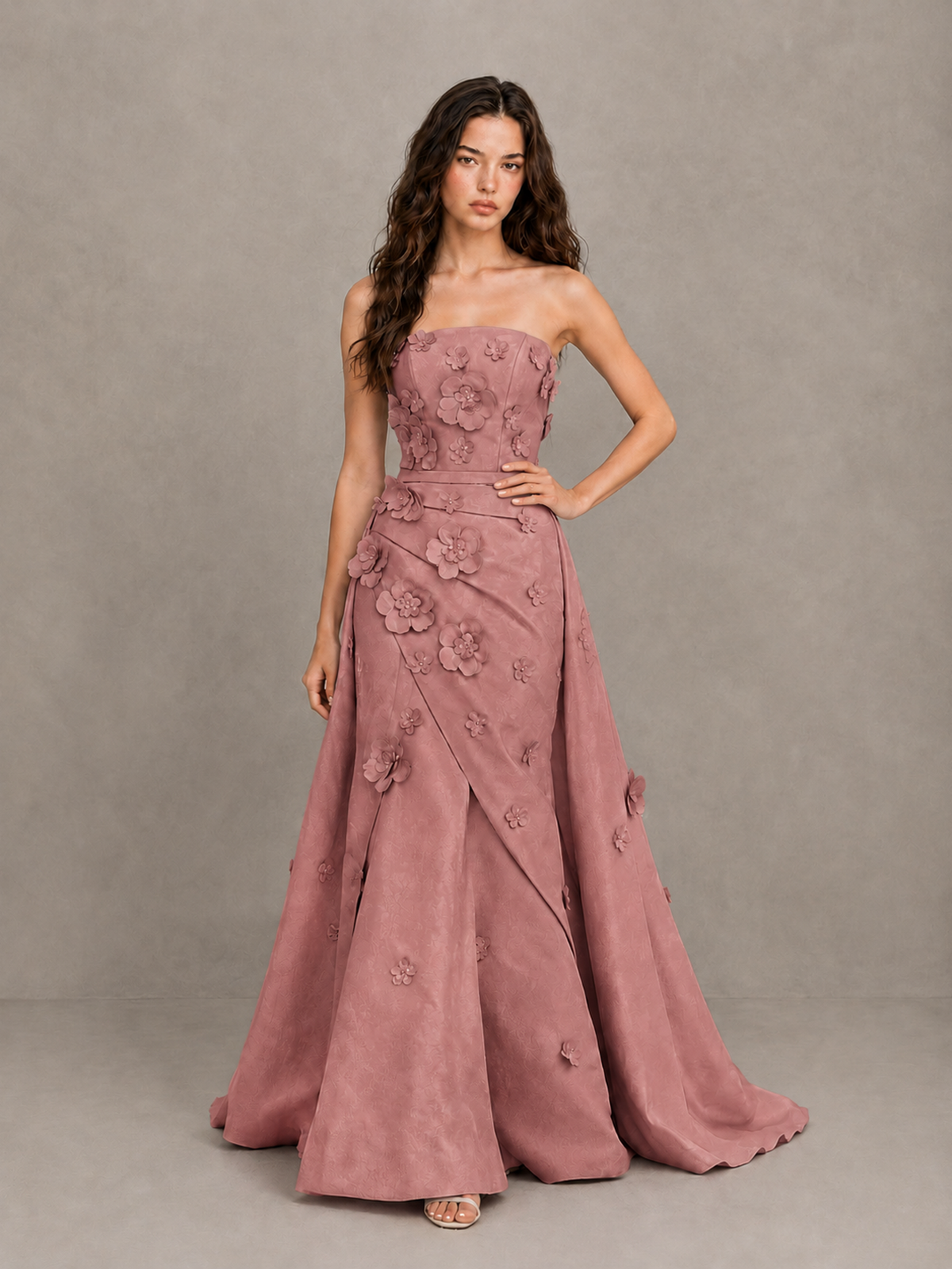BOLODOO Dusty Rose Strapless 3D Floral Applique Prom Gown with Draped Skirt - Dusty Rose - Dusty Rose (4)
