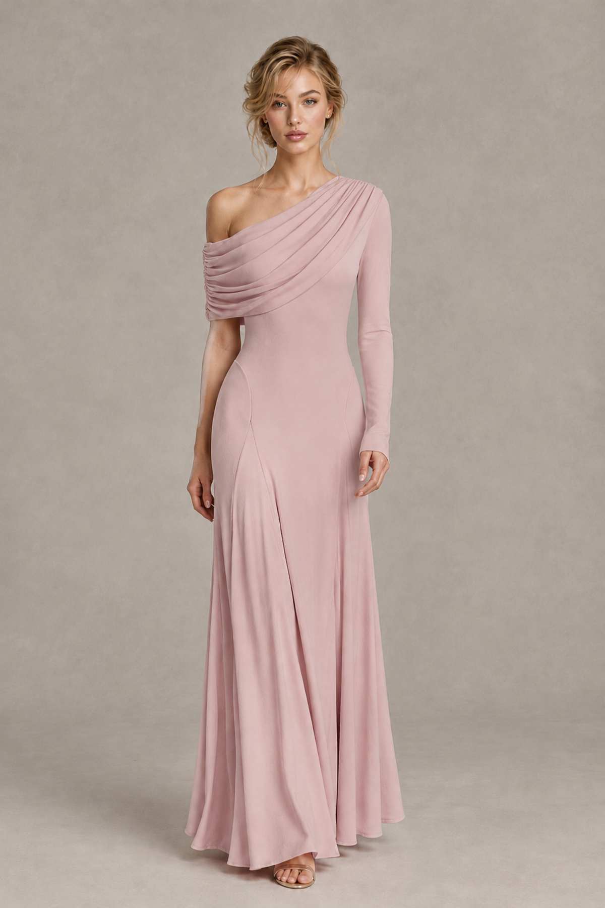BOLODOO Dusty Rose Asymmetric Draped Long Sleeve Evening Gown - Dusty Rose