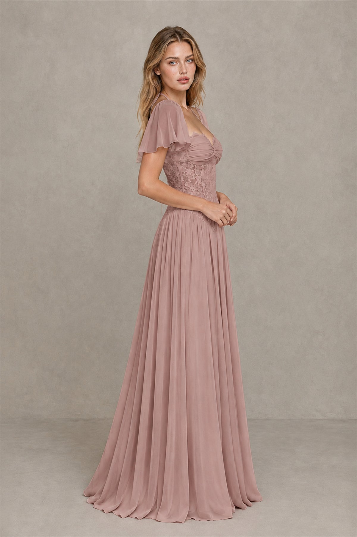 BOLODOO Dusty Rose Flutter Sleeve Lace Corset A-Line Maxi Dress - Dusty Rose - Dusty Rose (4)