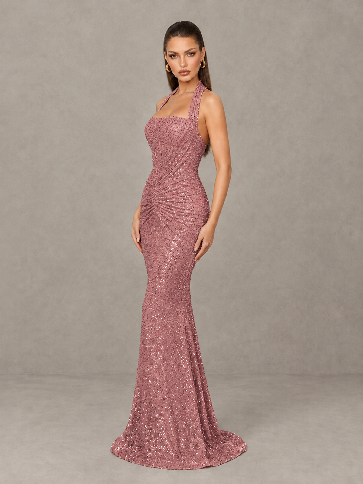 BOLODOO Dusty Rose Sequin Halter Mermaid Evening Gown - Dusty Rose - Dusty Rose (4)