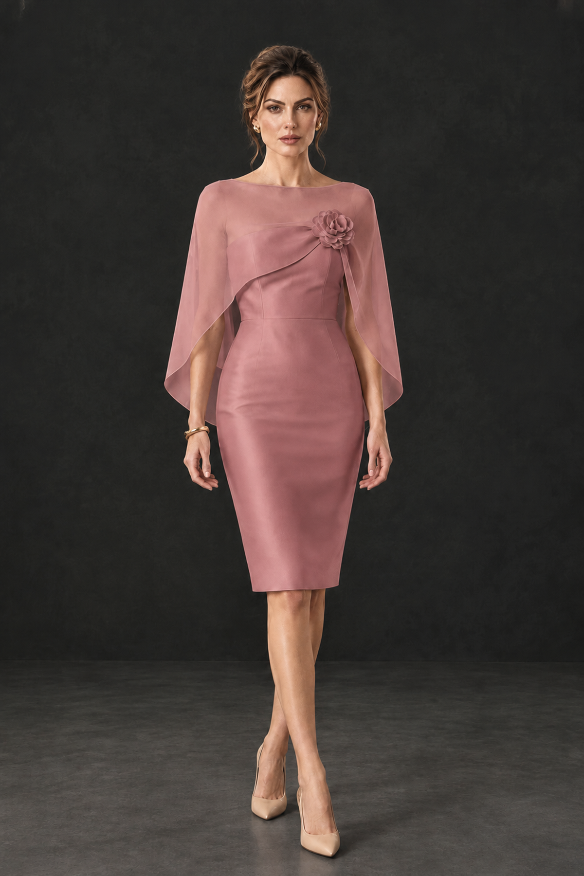 BOLODOO Dusty Rose Cape Knee-Length Mother of the Bride Dress - Dusty Rose - Dusty Rose (4)