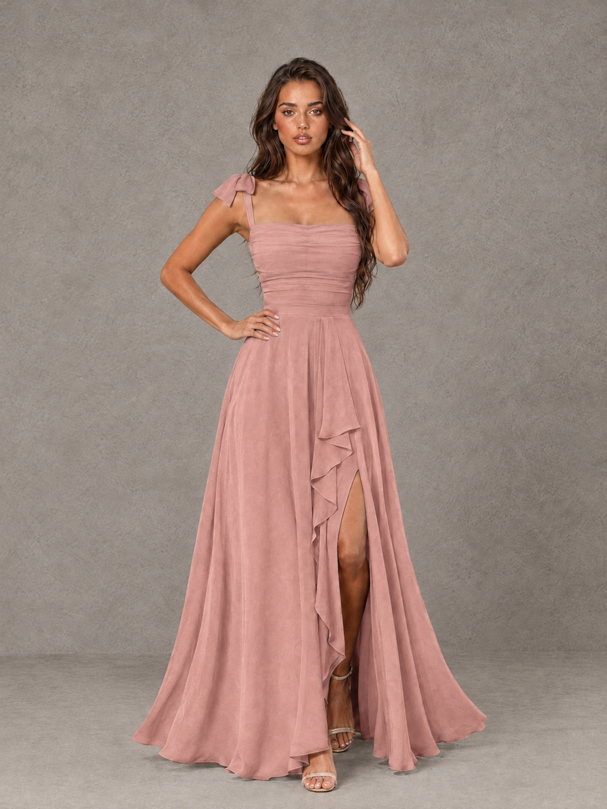 BOLODOO Dusty Rose Bow-Strap Bridesmaid Dress with Ruffle Slit - Dusty Rose - Dusty Rose (4)