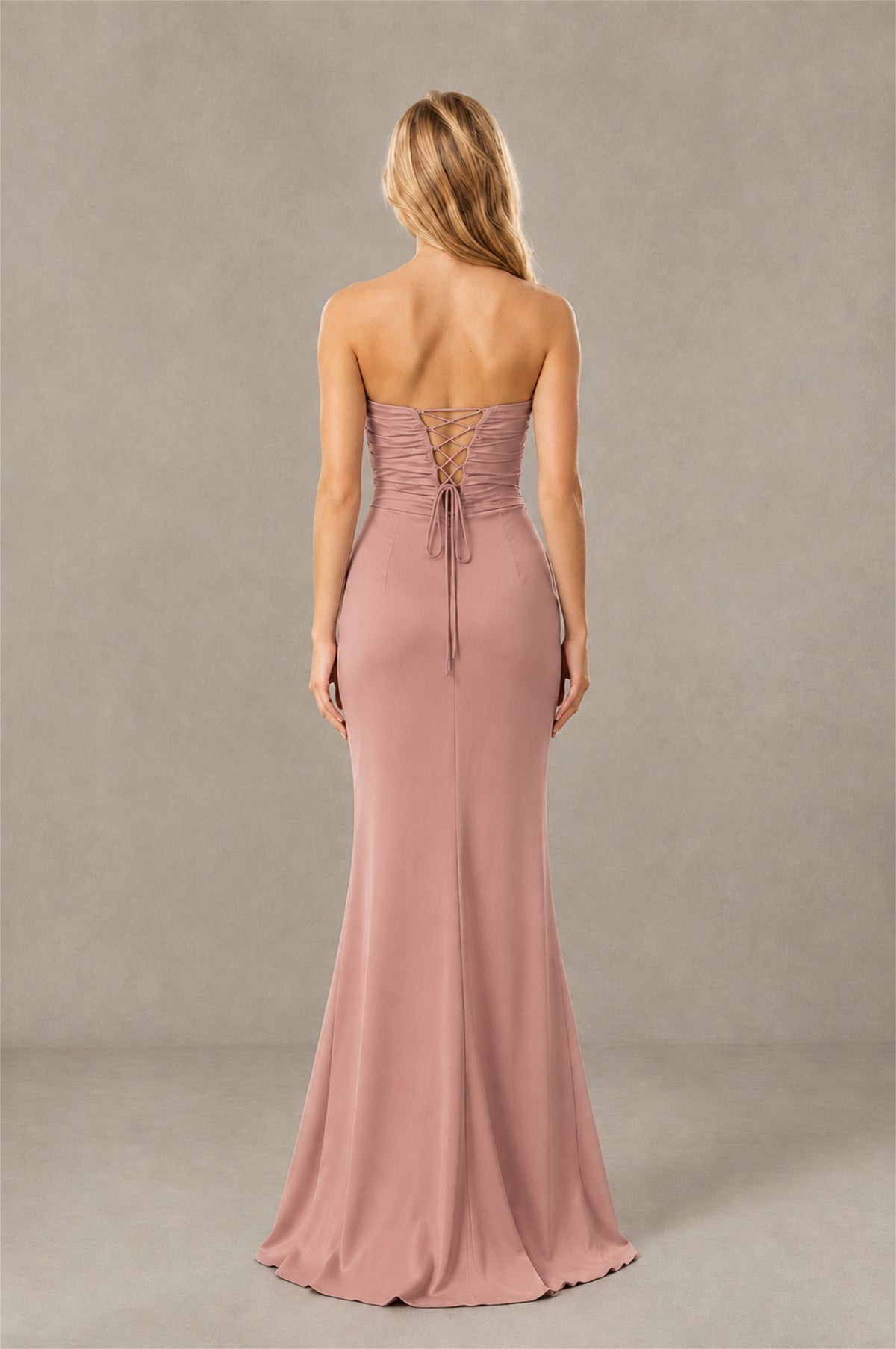 BOLODOO Dusty Rose Sweetheart Strapless Twist Knot Cutout Lace-Up Back Satin Mermaid Maxi Dress - Dusty Rose - Dusty Rose (4)