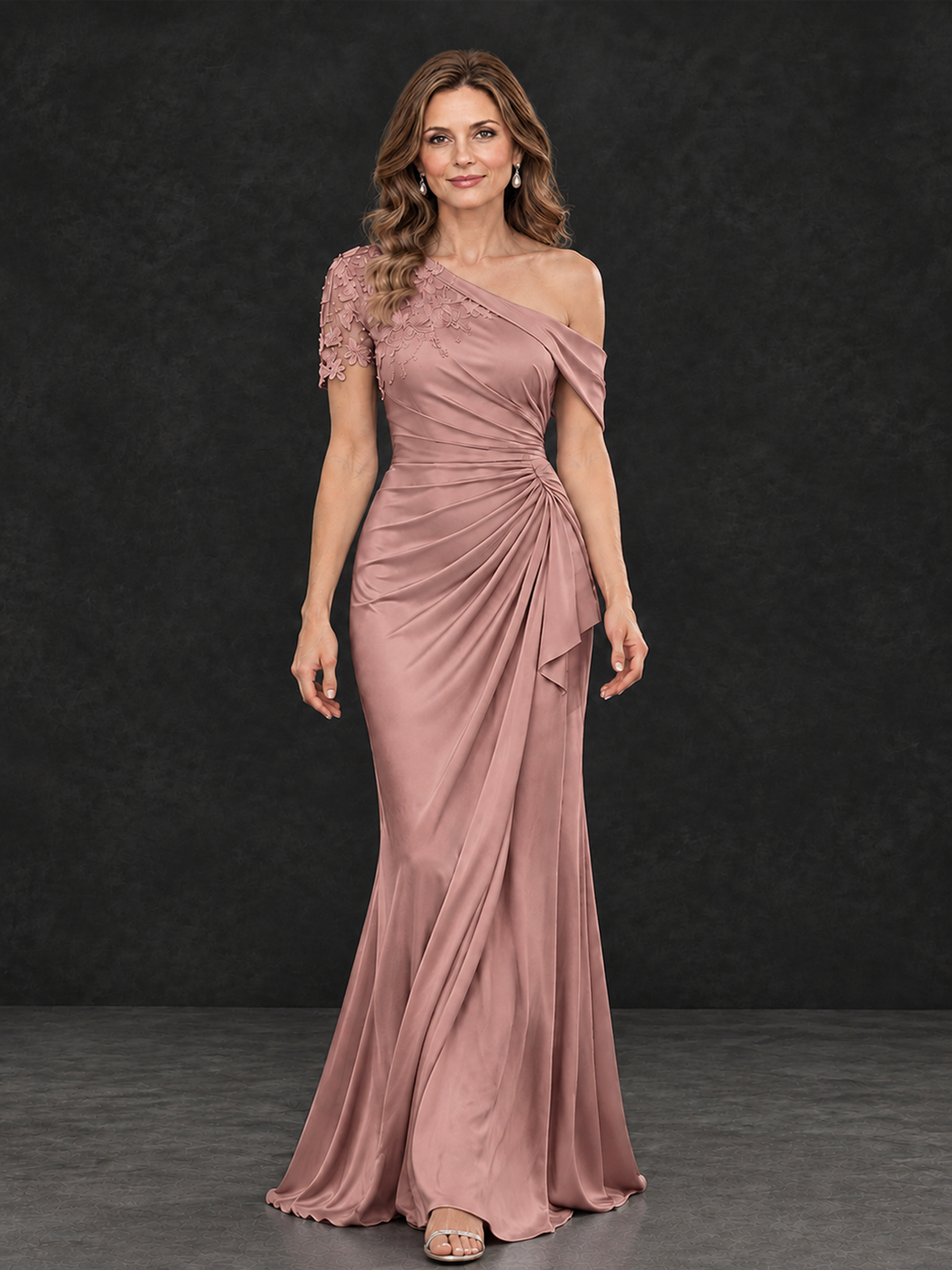 BOLODOO Dusty Rose Asymmetric Satin Mother of the Bride Dress with Lace Sleeve - Dusty Rose - Dusty Rose (4)