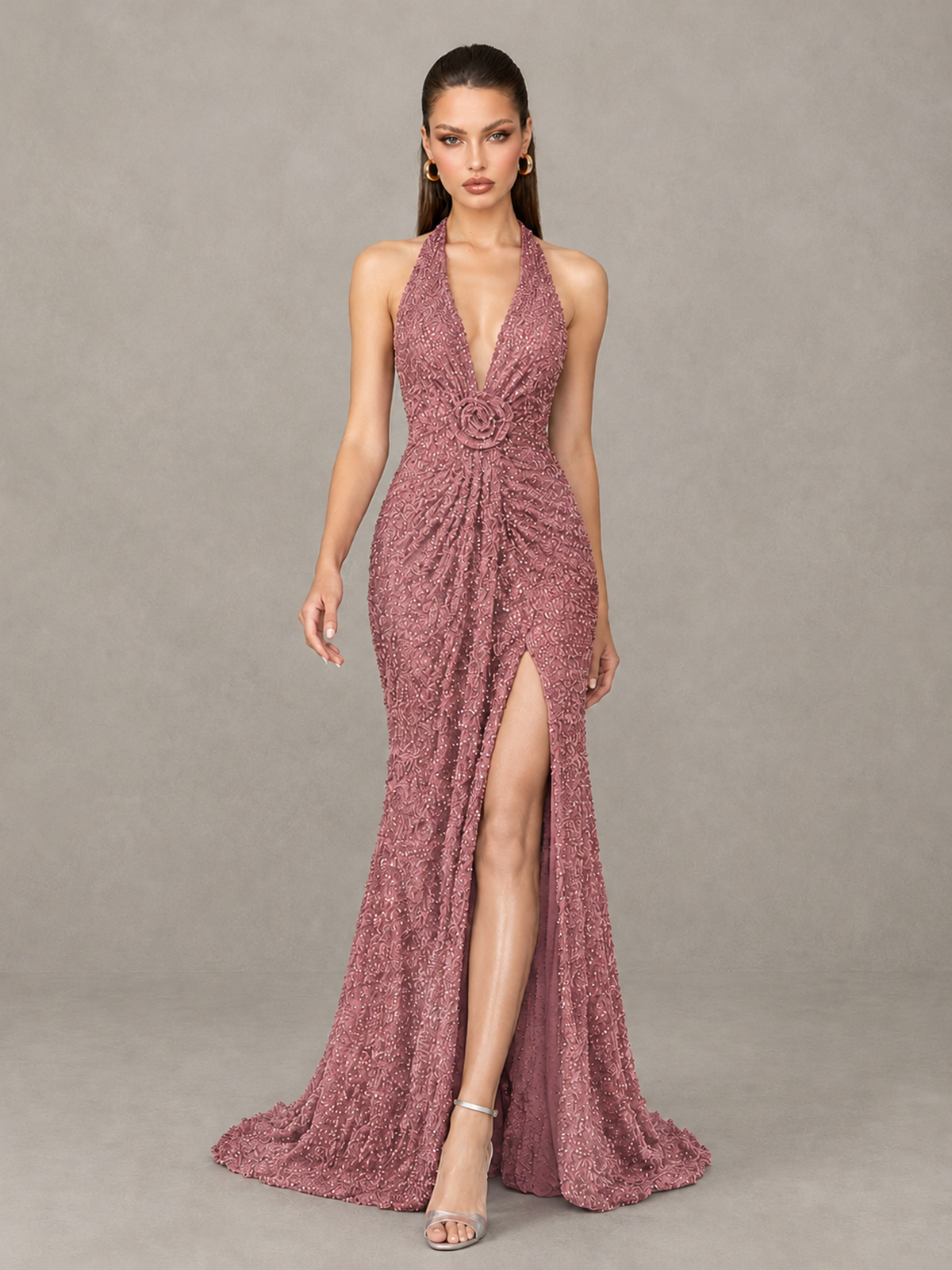 BOLODOO Dusty Rose Sequin Halter Open Back Evening Gown with High Slit - Dusty Rose - Dusty Rose (4)