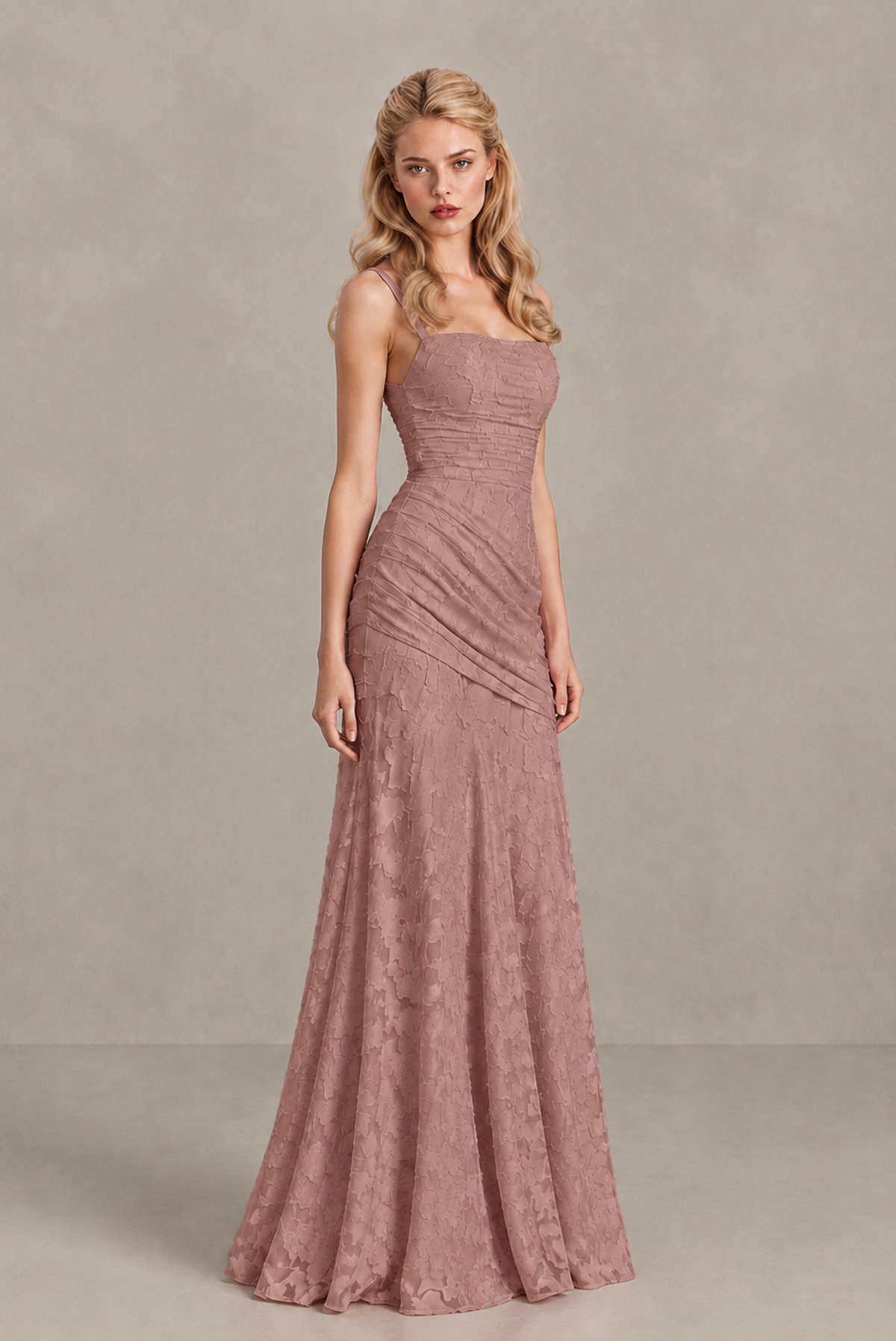 BOLODOO Dusty Rose Ruched Floral Maxi Dress with Lace-Up Back - Dusty Rose