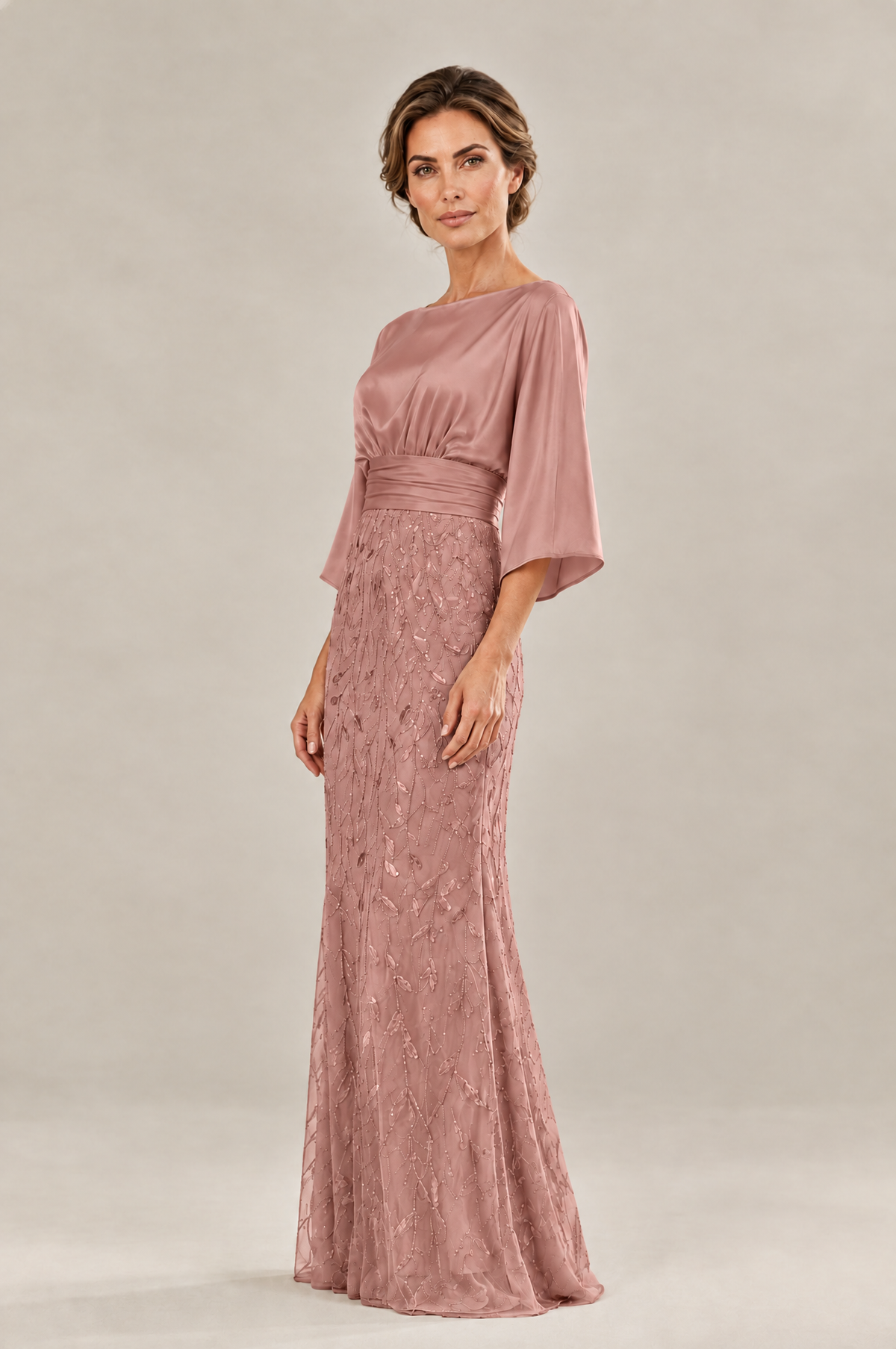 BOLODOO Dusty Rose Mother of the Bride Dress with Kimono Sleeves, Satin Bodice & Sequin Embroidered Mermaid Floor-Length Gown - Dusty Rose - Dusty Rose (4)