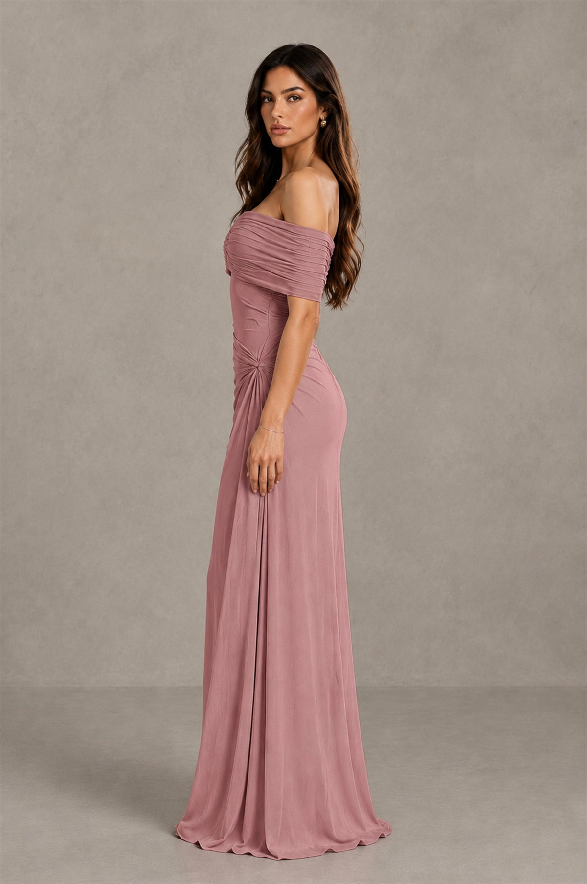 BOLODOO Dusty Rose Off-Shoulder Ruched Maxi Dress - Dusty Rose